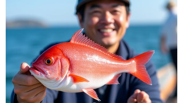 お客様が釣った立派な鯛を笑顔で持つ