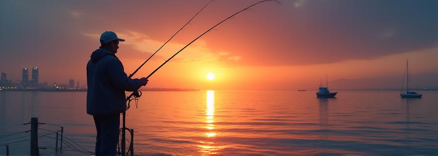 東京湾でシーバスを釣る釣り人のシルエット