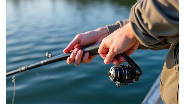 釣り竿を持つ手と、水面に集中する釣り人の背中
