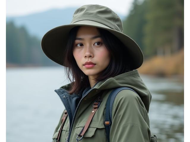釣りのジャケットと帽子を着用したモデル