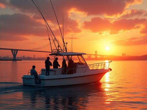 夕暮れの海で釣り船から釣りをしている人々