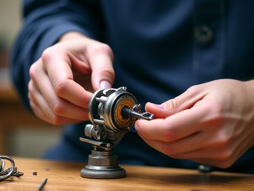 壊れた釣竿とリールを修理する職人の手